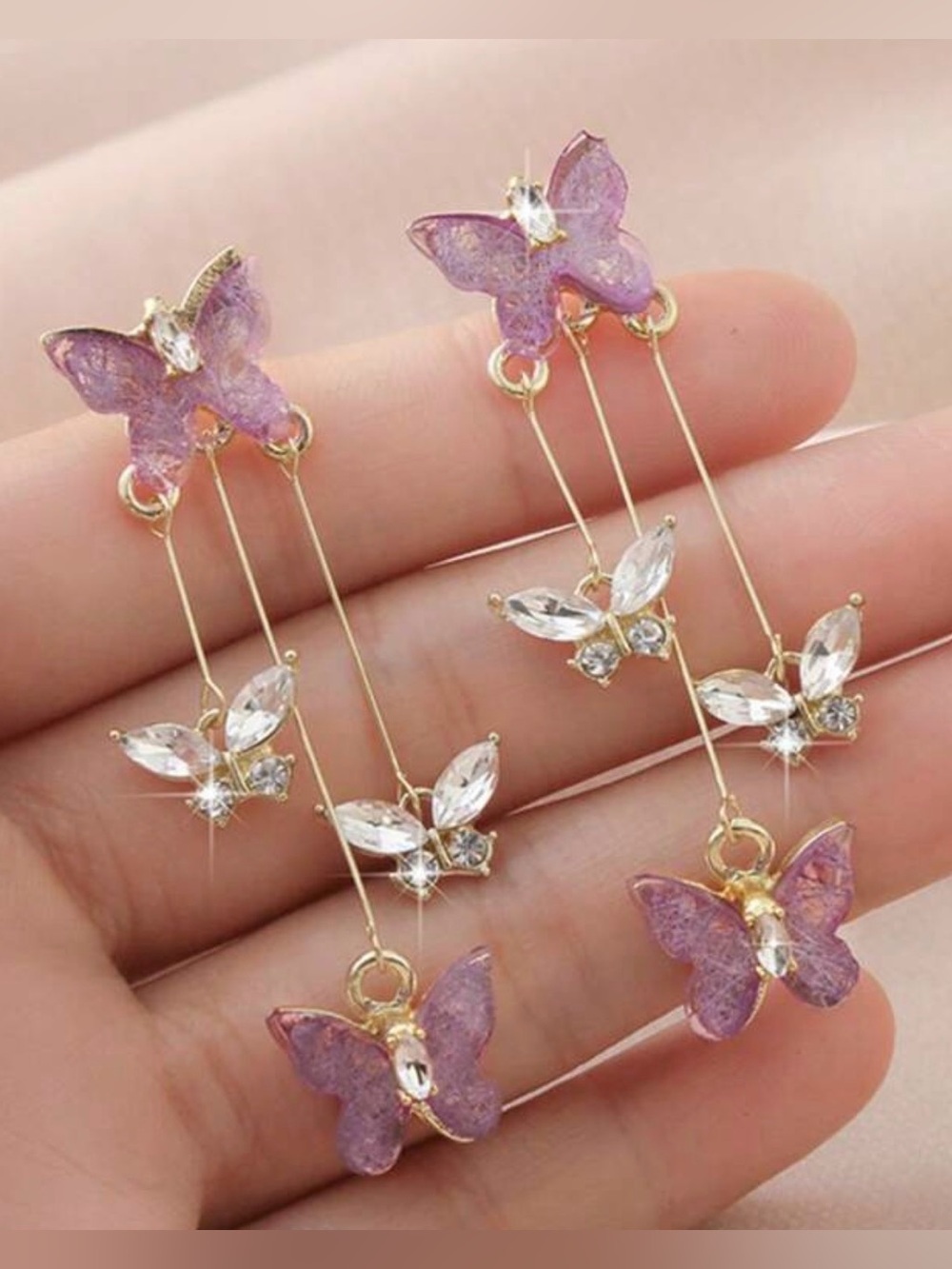 🦋 Purple Butterfly Crystal Dangle Earrings | Gold Tone Fairycore - Picture 4 of 4